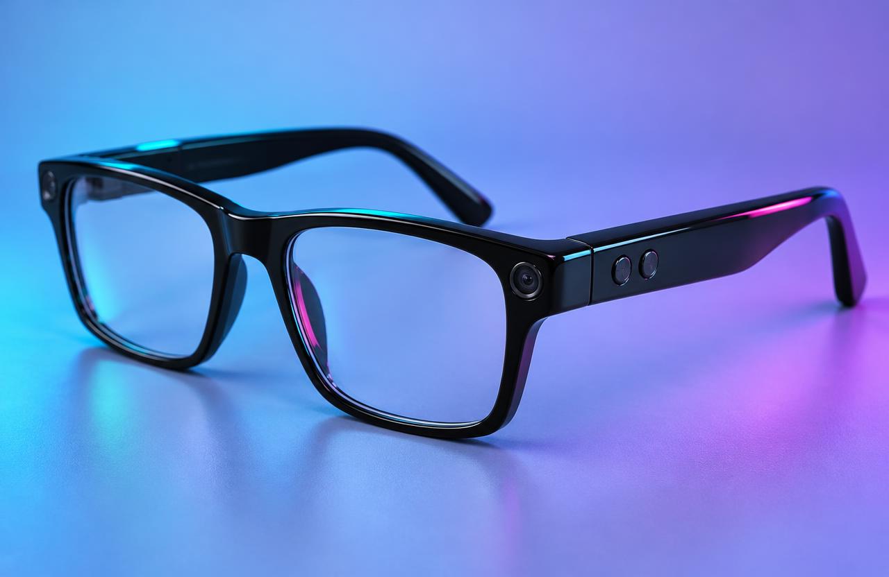 Concept image of Vibe-i Everyday smart glasses: black rectangular frames with a small camera at the front and two buttons on the side arm.