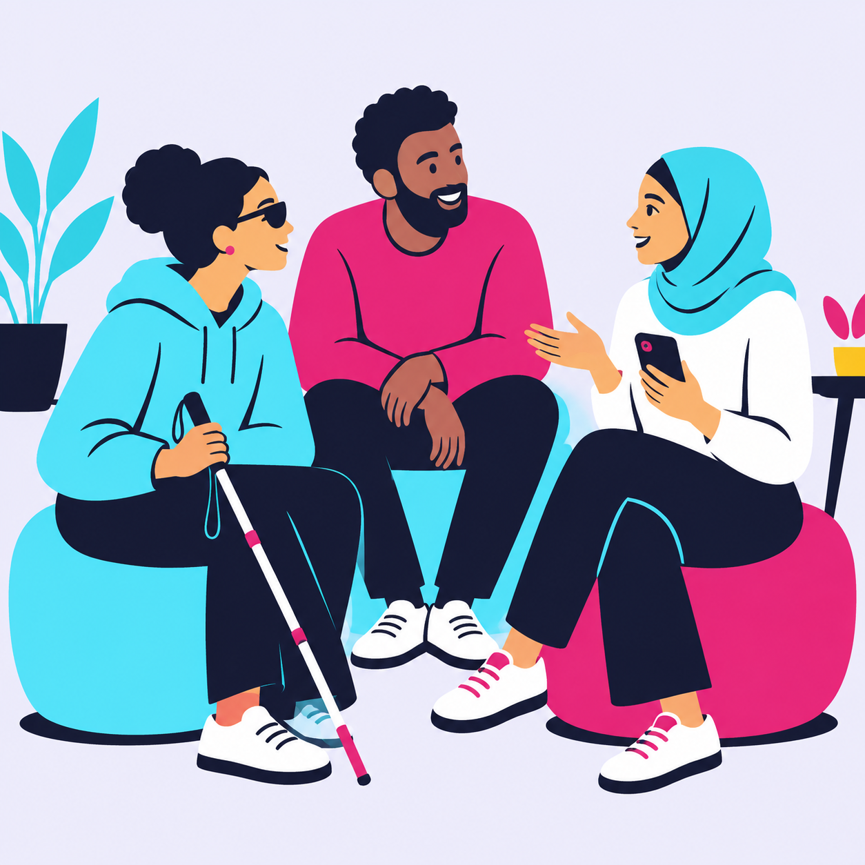 Illustration of three people talking together, one of them holding a white cane and another holding a phone