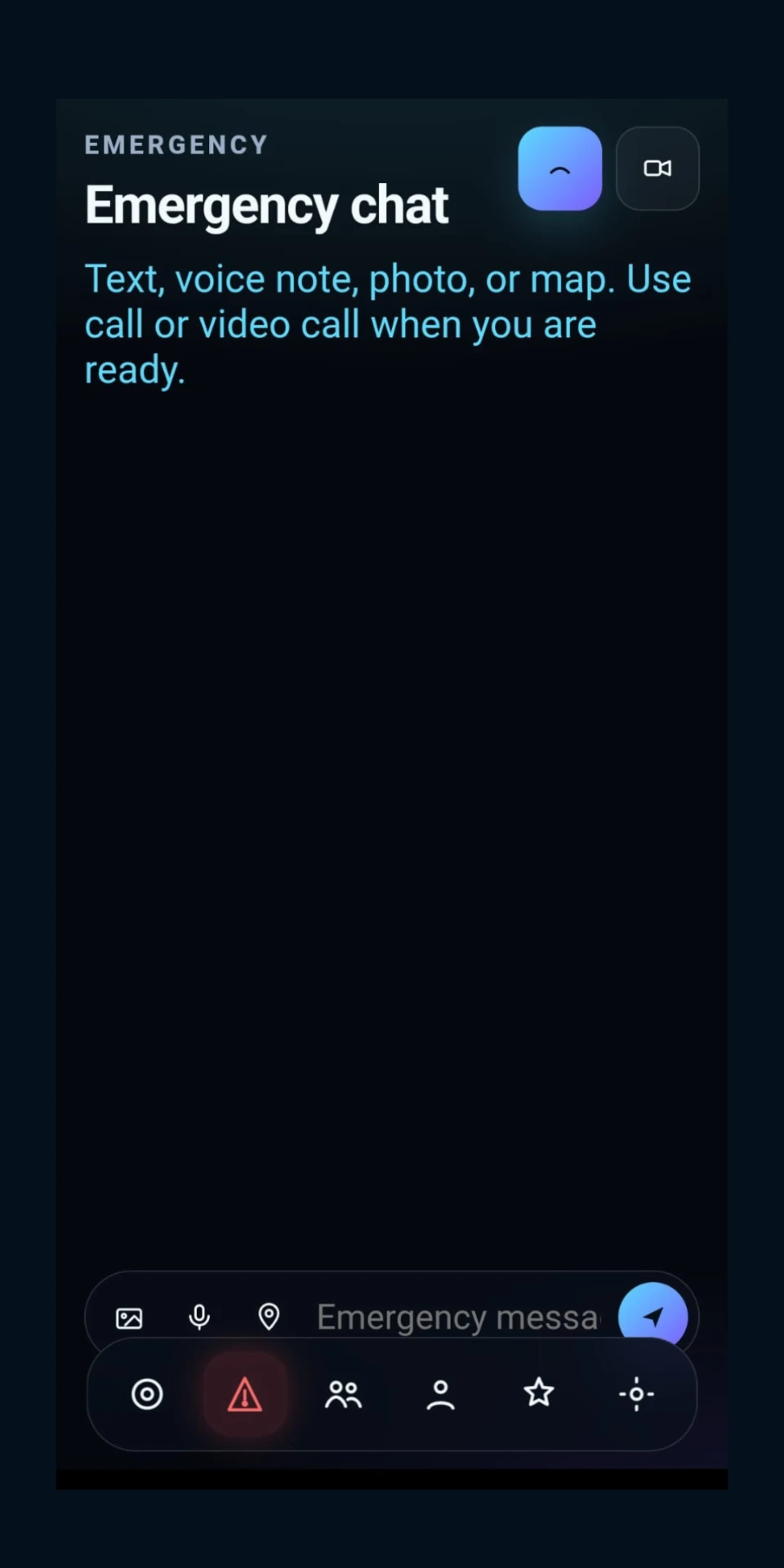Nyota Sight emergency screen showing the Emergency chat page with the message box at the bottom