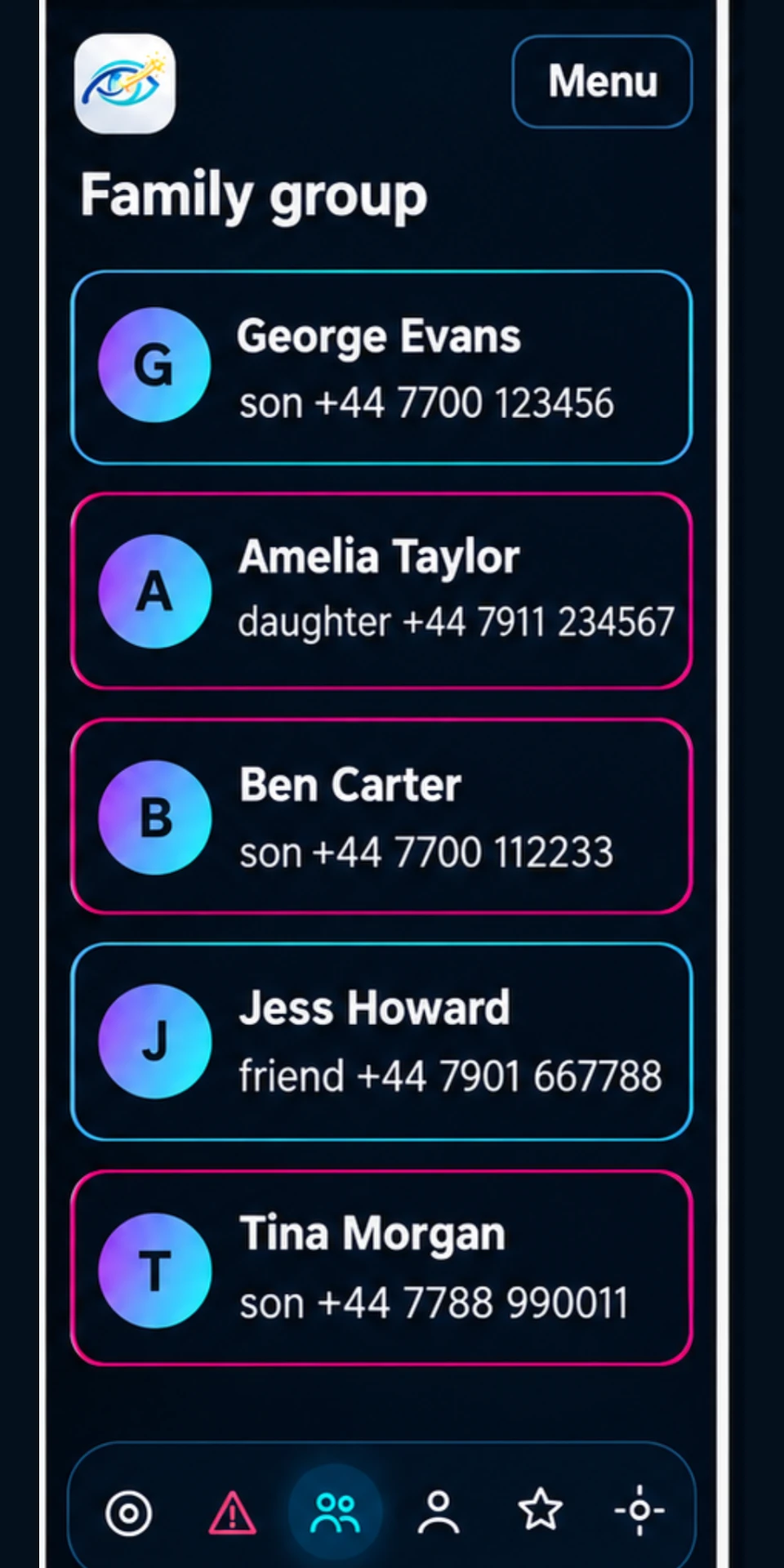 Nyota Sight family group screen listing saved contacts with their names and phone numbers