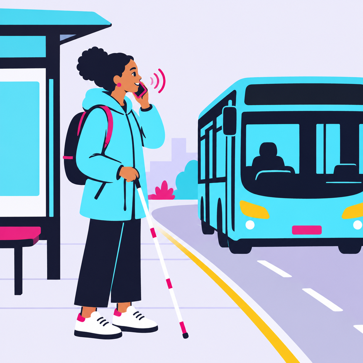 Illustration of a woman with a white cane at a bus stop, asking about bus arrivals as her bus arrives